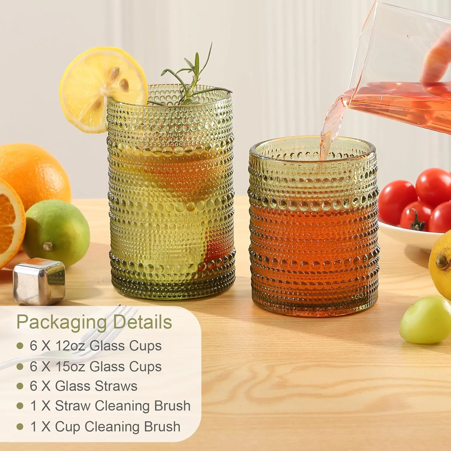 Vintage Glassware Drinking Glasses Set of 12,Green 12oz & 15oz Hobnail Glass Cups,Embossed Water Tumbler,for Beer,Cocktail,Whiskey,Juice and Various Mixed Drinks- 1 Cleaning Brush