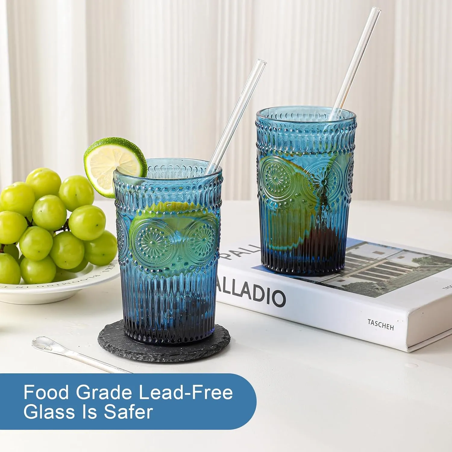 Vintage Glassware Drinking Glasses Set of 6,13 oz Blue Textured Flower Design Glass Water Tumblers，Embossed Striped Drinkware for Water,Cocktails,Juice,Iced Coffee