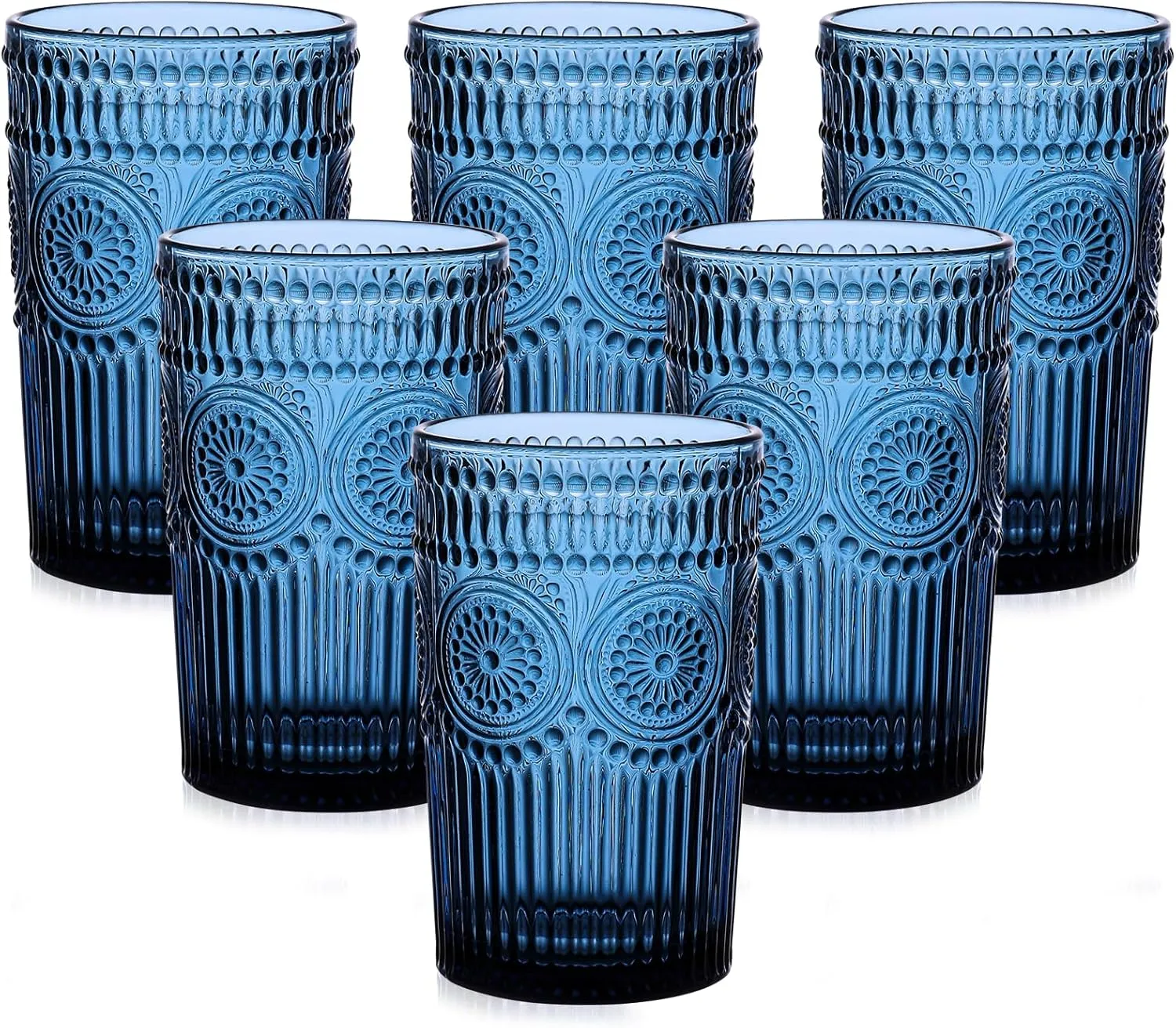 Vintage Glassware Drinking Glasses Set of 6,13 oz Blue Textured Flower Design Glass Water Tumblers，Embossed Striped Drinkware for Water,Cocktails,Juice,Iced Coffee