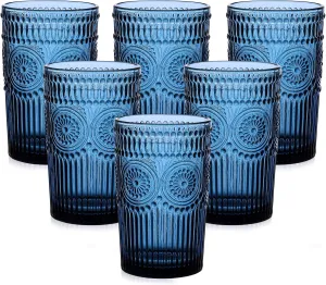 Vintage Glassware Drinking Glasses Set of 6,13 oz Blue Textured Flower Design Glass Water Tumblers，Embossed Striped Drinkware for Water,Cocktails,Juice,Iced Coffee
