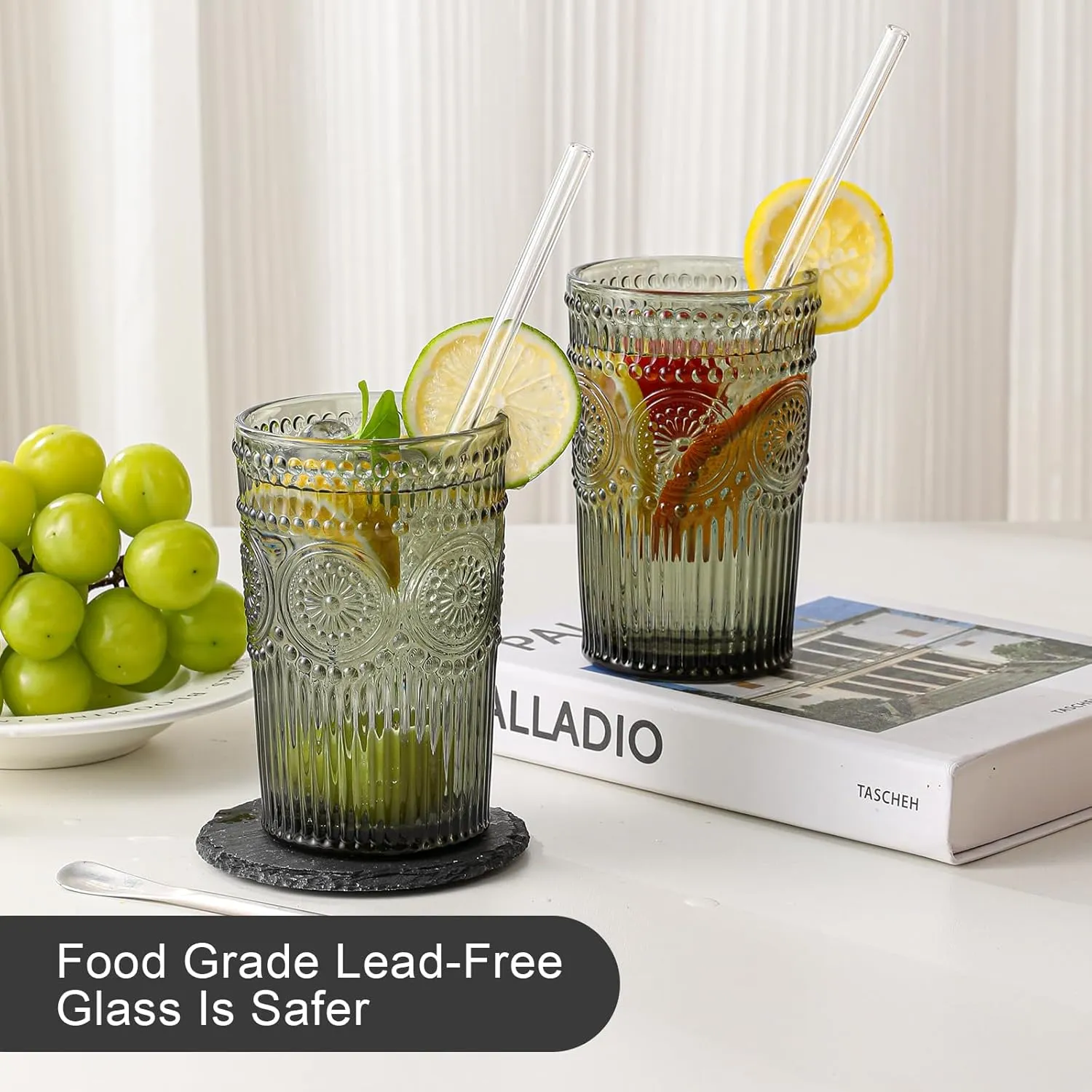 Vintage Glassware Drinking Glasses Set of 6,13 oz Grey Textured Flower Design Glass Water Tumblers，Embossed Striped Drinkware for Water,Cocktails,Juice,Iced Coffee