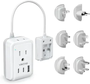 VINTAR Universal Travel Adapter Kit, 0.5ft Detachable Extension Cord with 2 AC Outlets & 3 USB(2 USB C), Type A/C/G/D/I/M International Power Adaptor for US to Europe UK India South Africa Japan