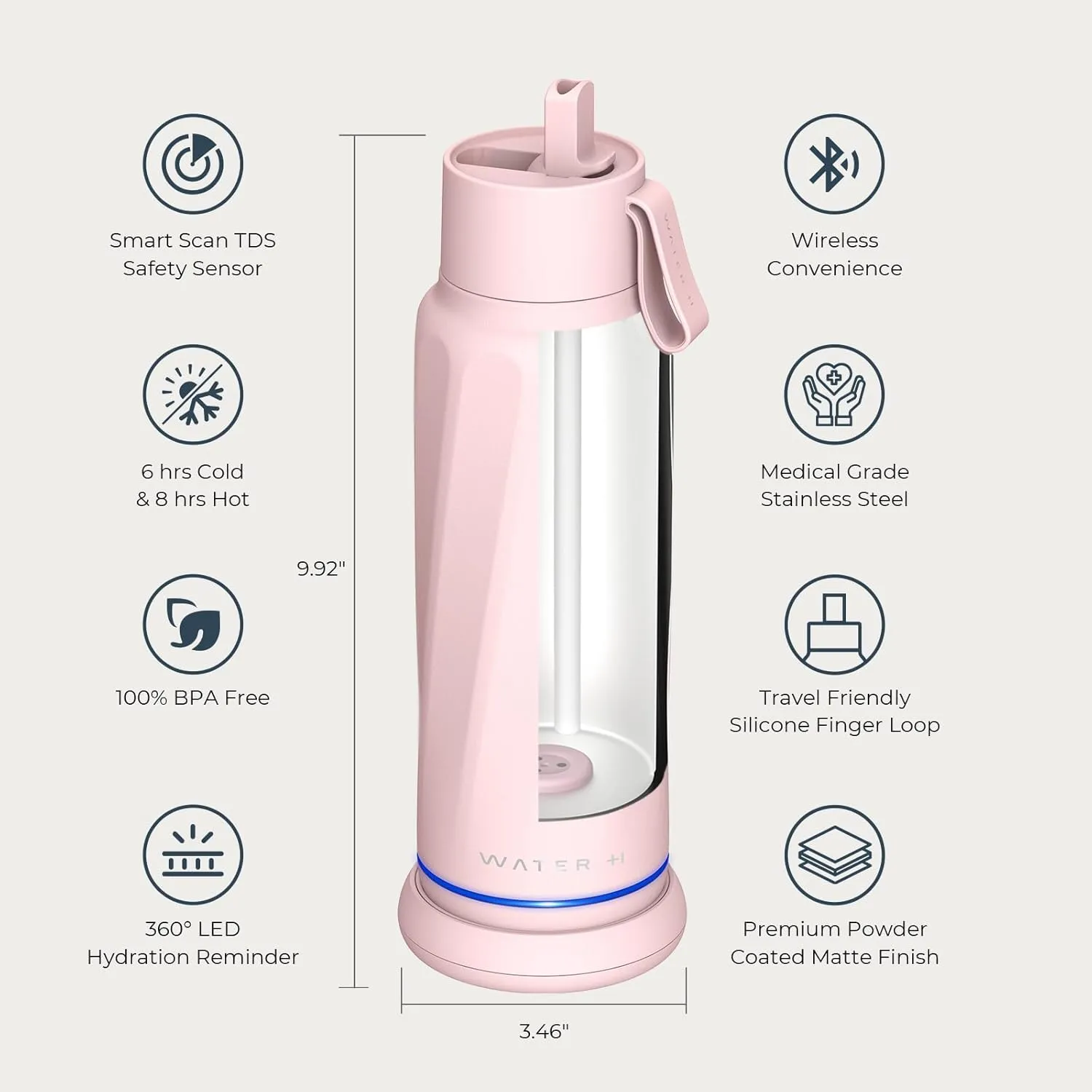 Vita Smart Water Bottle with Reminder to Drink Water, BPA-Free Vacuum Insulated Water Bottles with Filter & Straw, Bluetooth Intake Water Tracking Bottle, Ideal for Gift (18 oz)