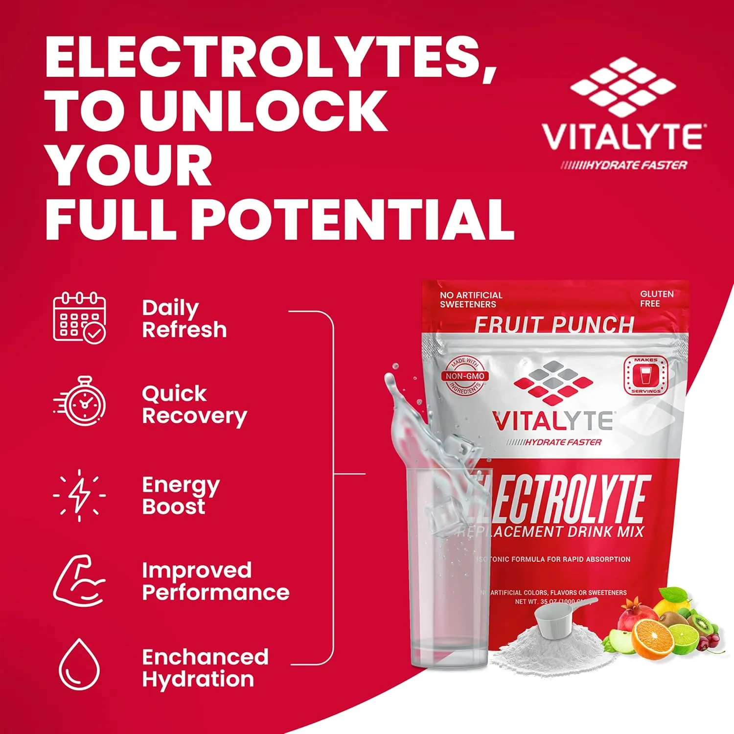 Vitalyte Electrolyte Powder Drink Mix, Isotonic Electrolyte Hydration Mix, Gluten Free Post Workout Powder Mix, Pack of 1, 35 oz., Fruit Punch Flavor