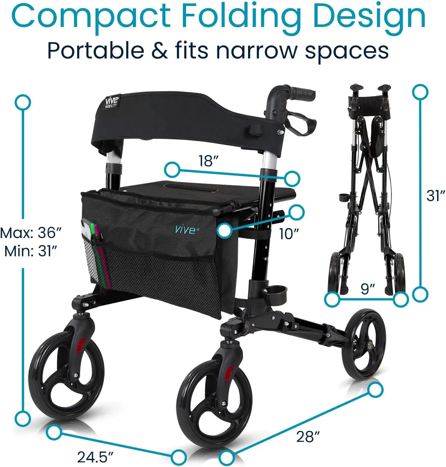 Vive Mobility Rollator Walker - Folding 4 Wheel Medical Rolling Walker with Seat & Bag - Mobility Aid for Adult, Senior, Elderly & Handicap (Midnight Black, Black Bag)