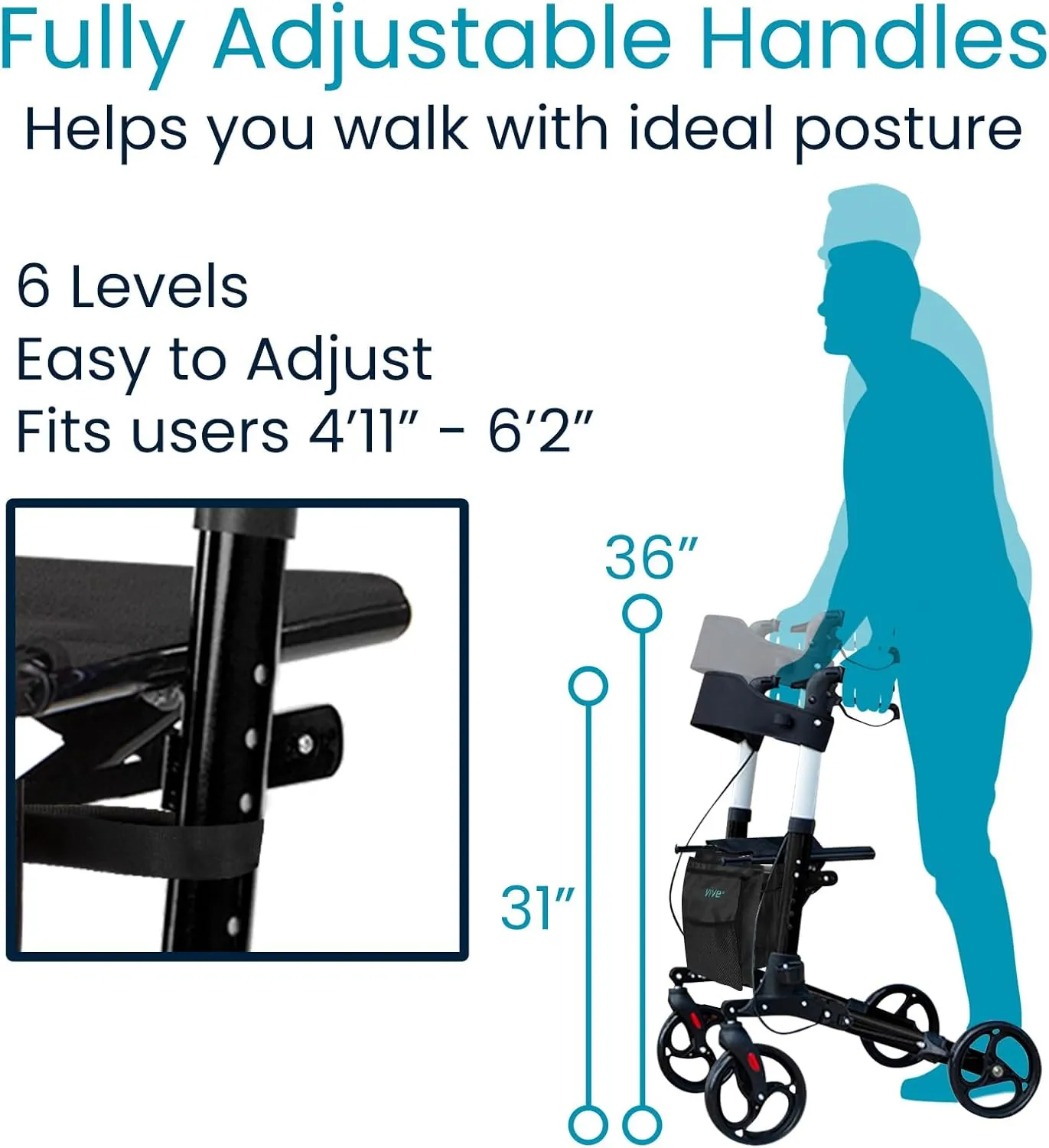 Vive Mobility Rollator Walker - Folding 4 Wheel Medical Rolling Walker with Seat & Bag - Mobility Aid for Adult, Senior, Elderly & Handicap (Midnight Black, Black Bag)