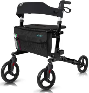 Vive Mobility Rollator Walker - Folding 4 Wheel Medical Rolling Walker with Seat & Bag - Mobility Aid for Adult, Senior, Elderly & Handicap (Midnight Black, Black Bag)