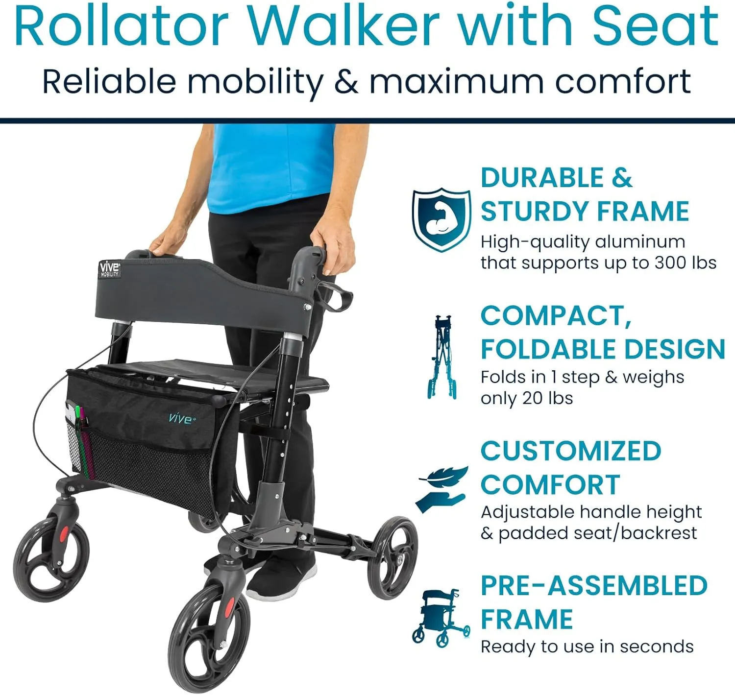Vive Mobility Rollator Walker - Folding 4 Wheel Medical Rolling Walker with Seat & Bag - Mobility Aid for Adult, Senior, Elderly & Handicap (Midnight Black, Black Bag)