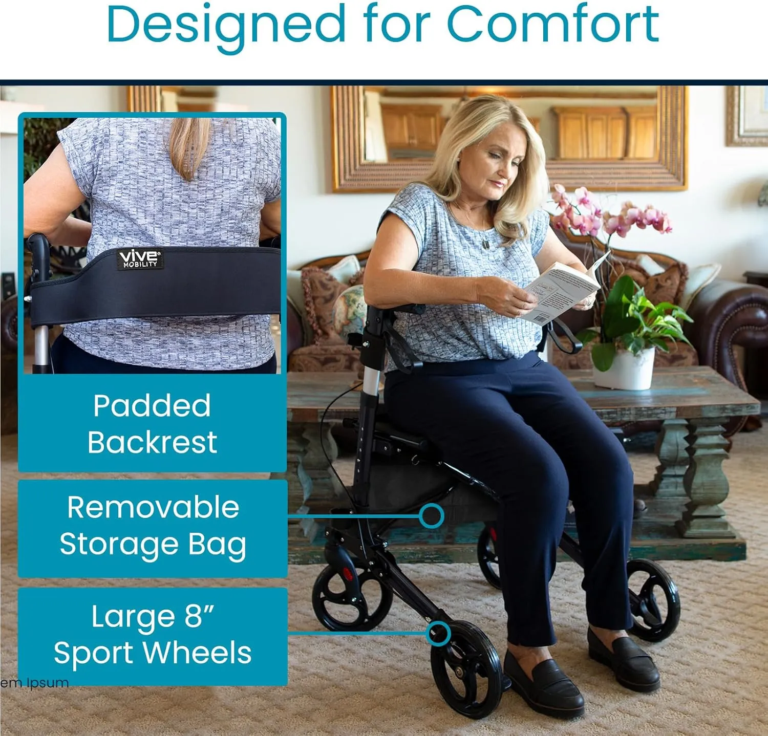 Vive Mobility Rollator Walker - Folding 4 Wheel Medical Rolling Walker with Seat & Bag - Mobility Aid for Adult, Senior, Elderly & Handicap (Midnight Black, Black Bag)