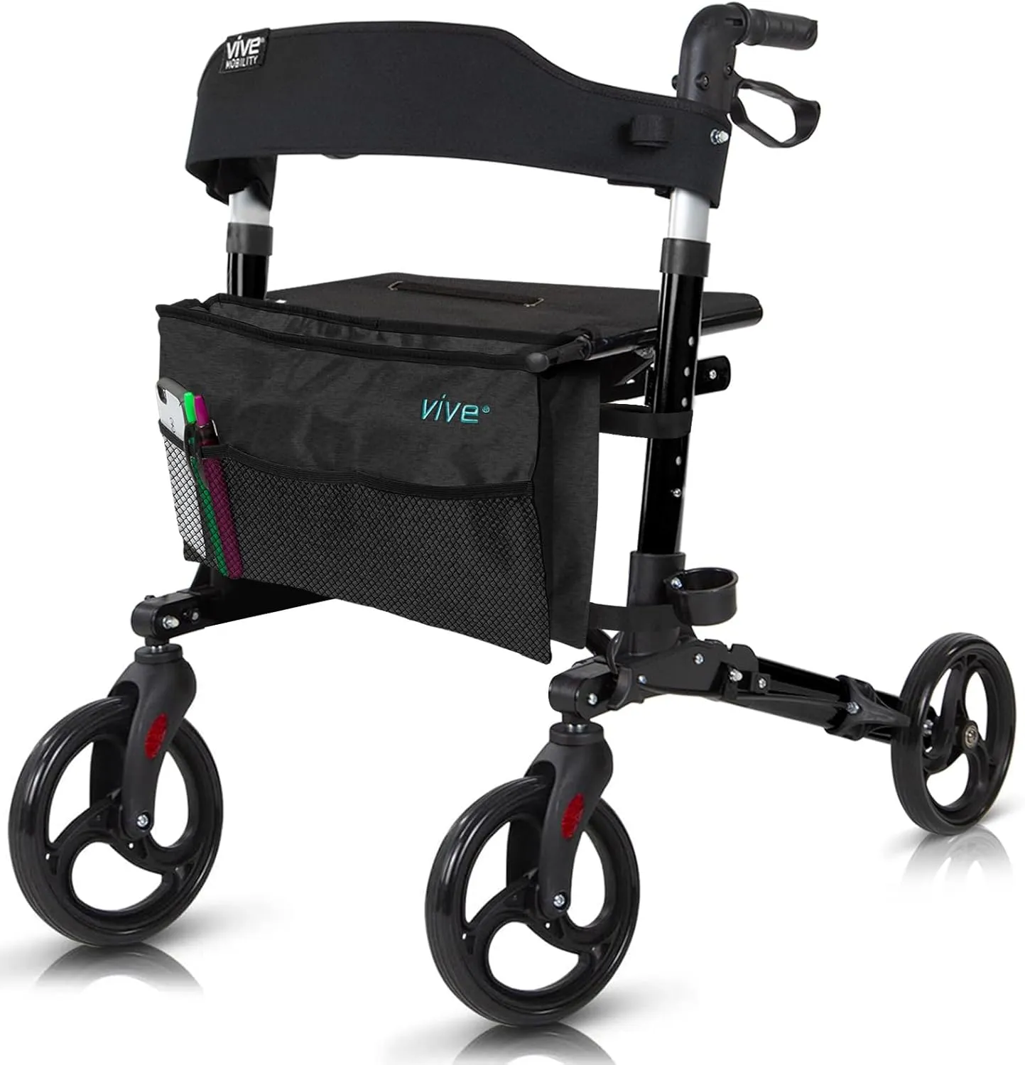 Vive Mobility Rollator Walker - Folding 4 Wheel Medical Rolling Walker with Seat & Bag - Mobility Aid for Adult, Senior, Elderly & Handicap (Midnight Black, Black Bag)