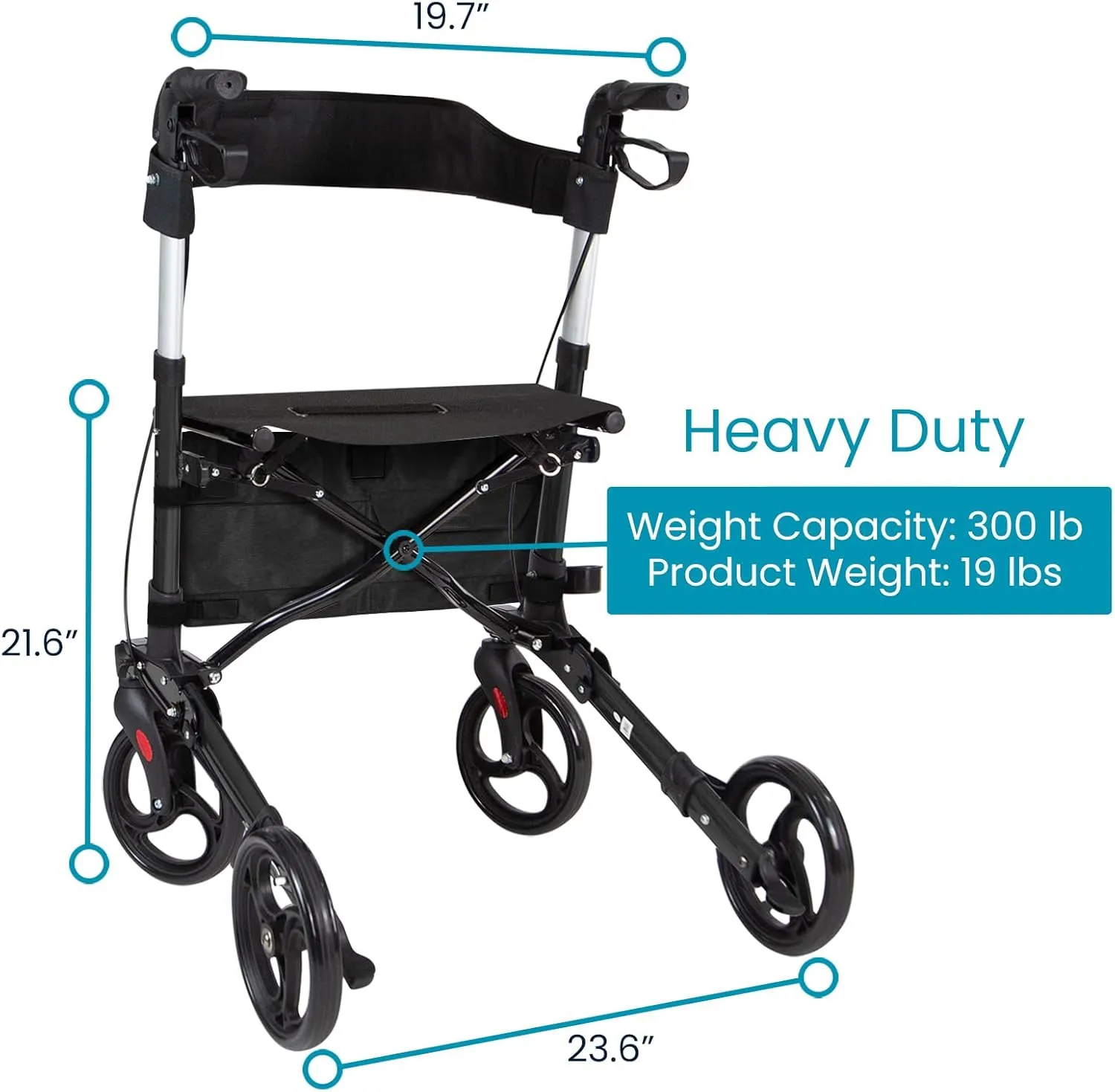 Vive Mobility Rollator Walker - Folding 4 Wheel Medical Rolling Walker with Seat & Bag - Mobility Aid for Adult, Senior, Elderly & Handicap (Midnight Black, Black Bag)