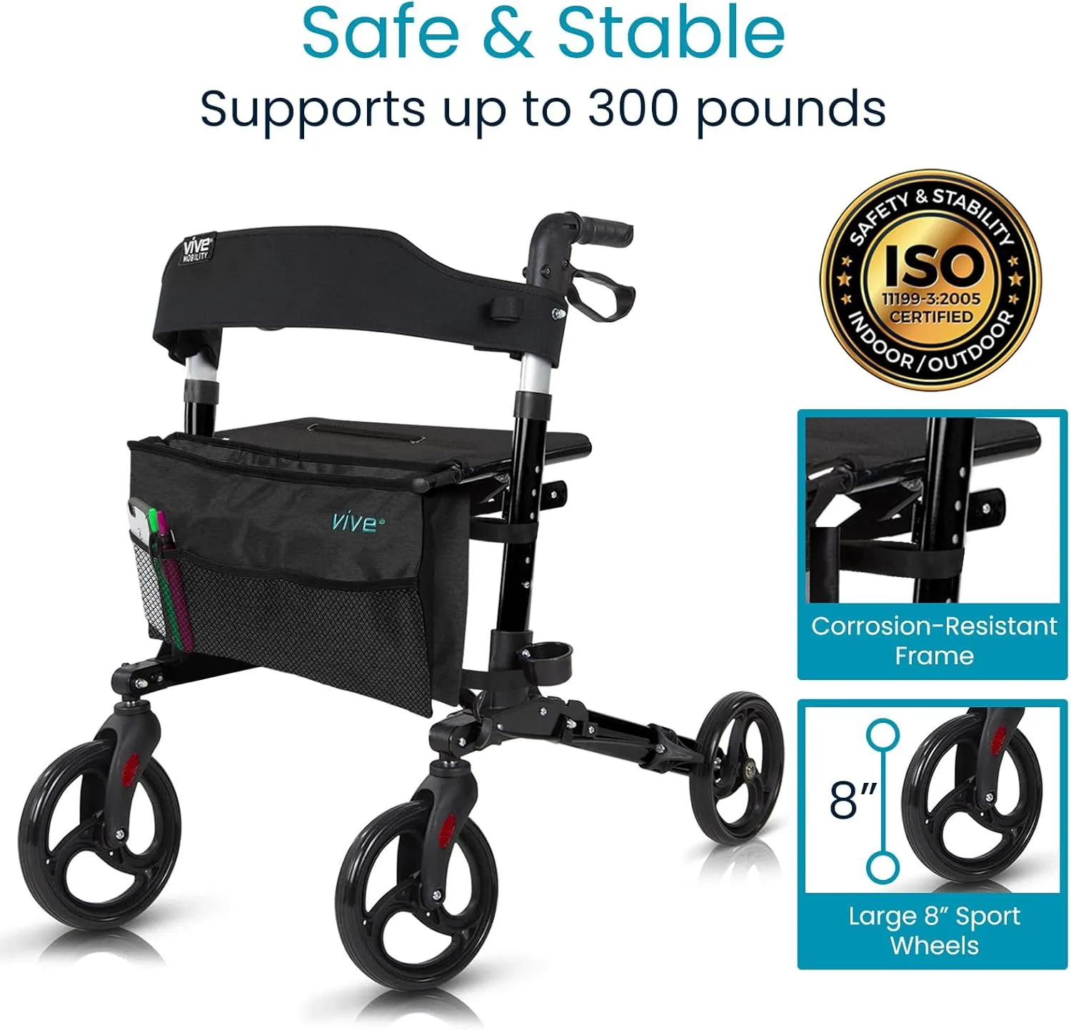 Vive Mobility Rollator Walker - Folding 4 Wheel Medical Rolling Walker with Seat & Bag - Mobility Aid for Adult, Senior, Elderly & Handicap (Midnight Black, Black Bag)
