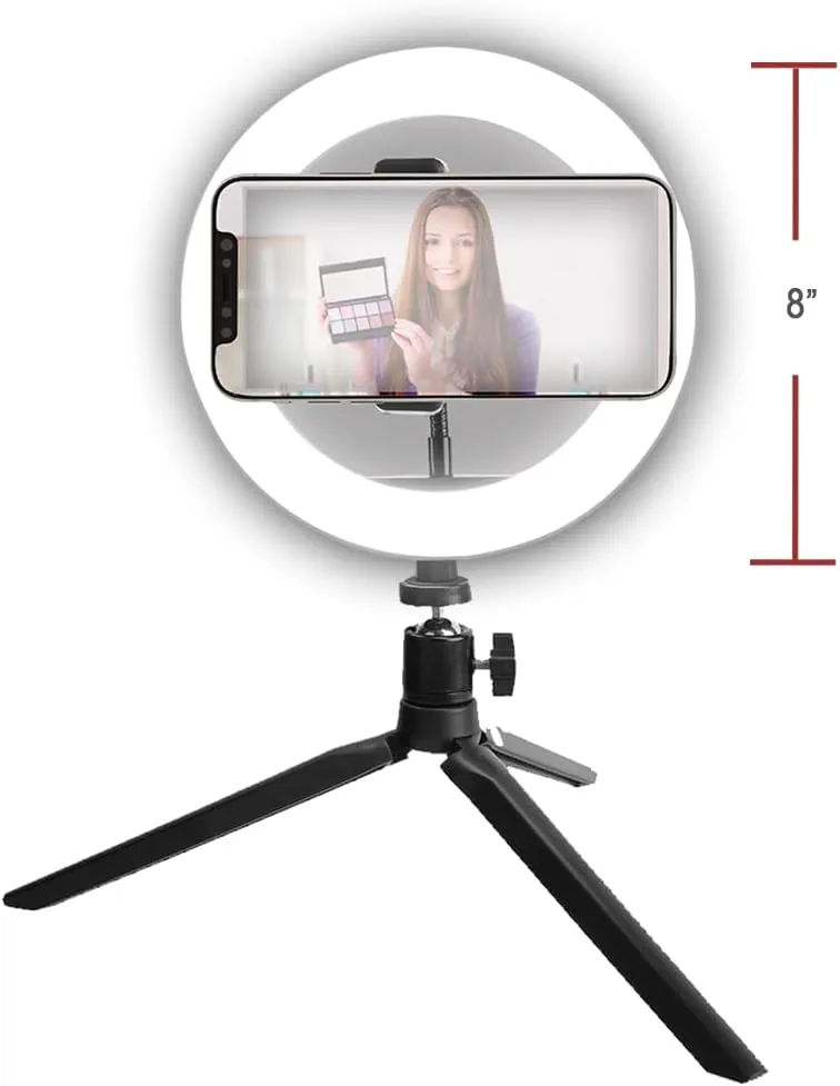 Vivitar 8 Inch LED Ring Light with Tripod Stand and Cell Phone Holder, Video Lighting for Streaming and Vlogging, USB Powered Desk Light for Live Streaming Makeup Photography Shooting, White