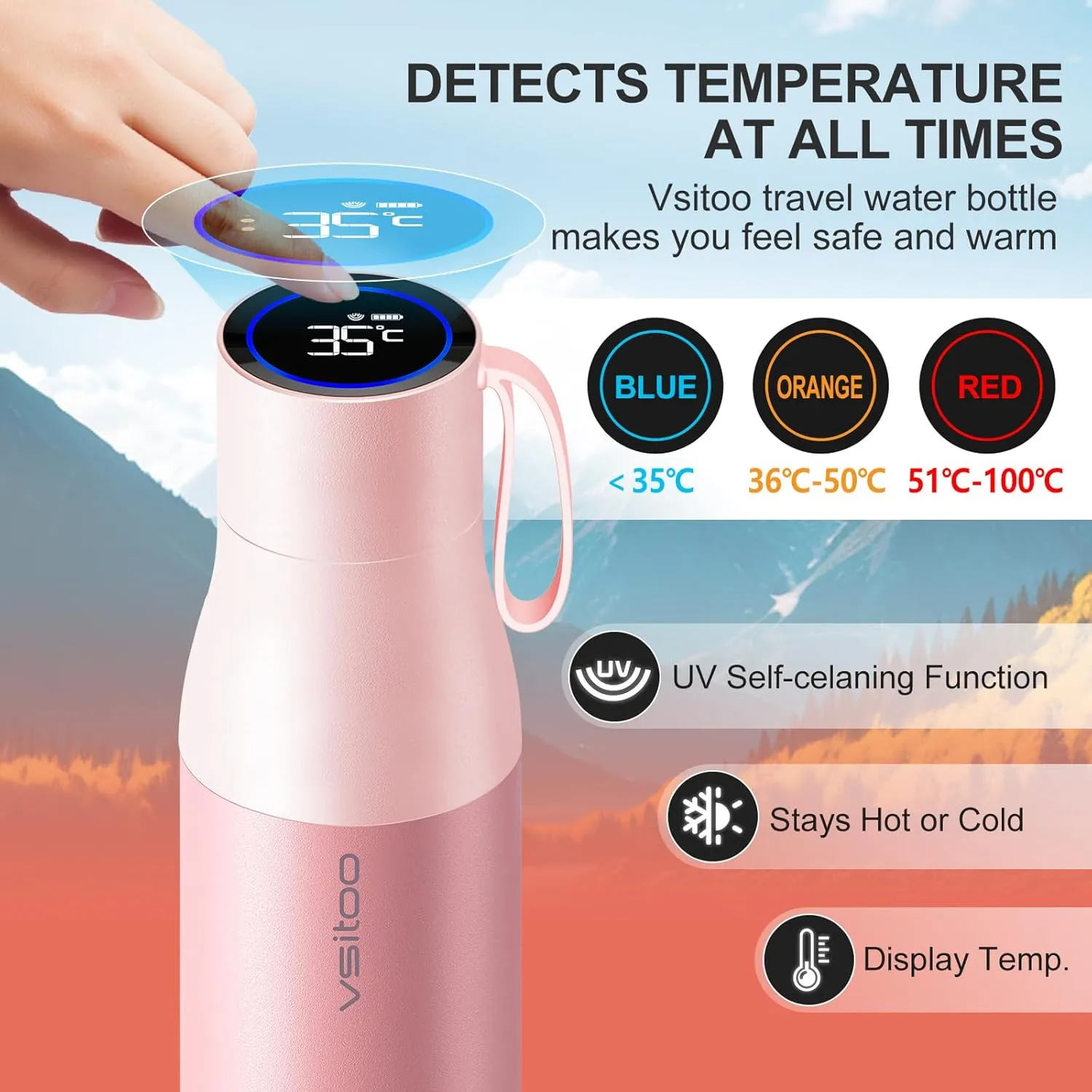 vsitoo Self-Cleaning Water Bottle, 15oz Insulated Stainless Steel BPA-Free Smart Water Bottle, Touch Screen APP Control & Auto-Cleaning, Thermal Flask for Travel, Pink