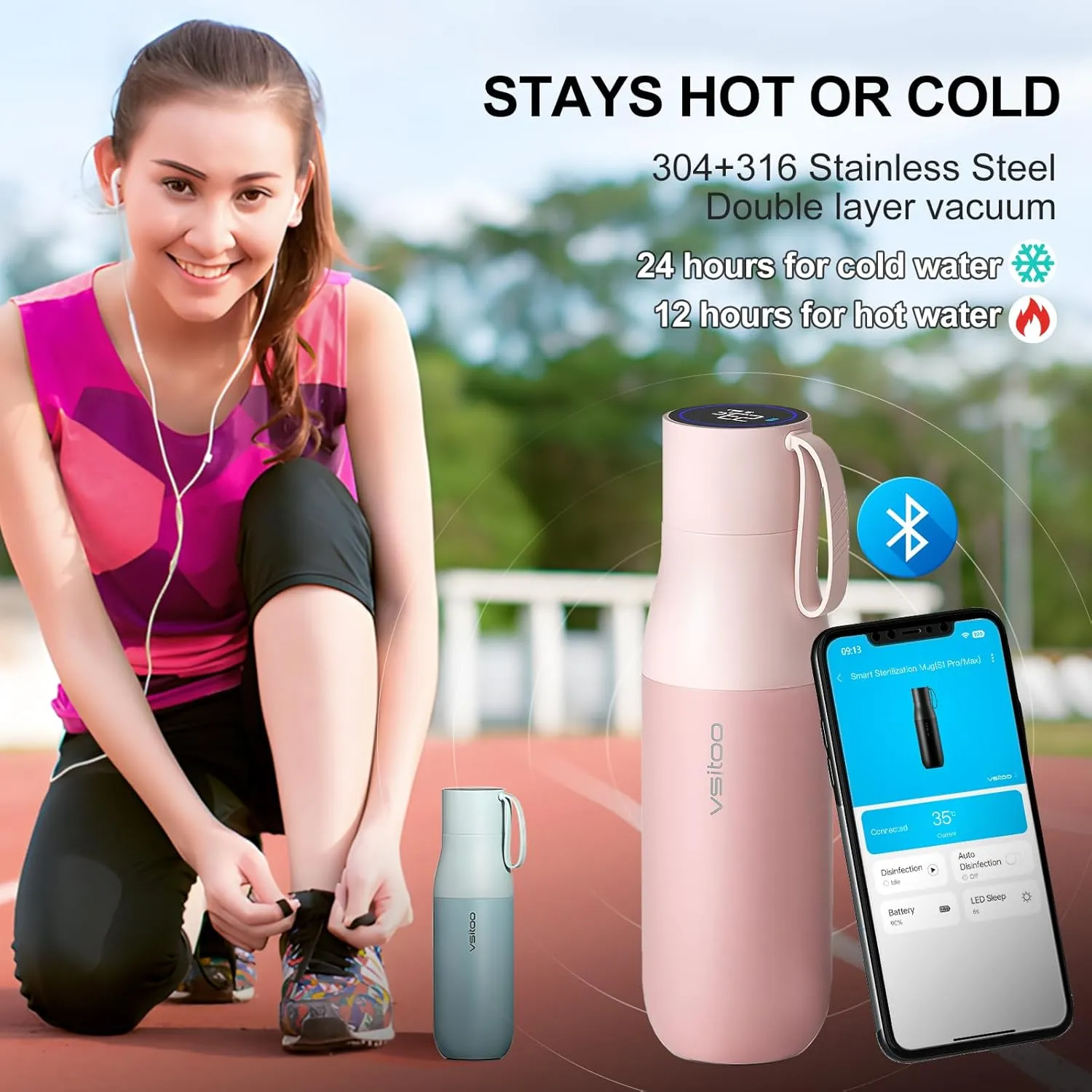 vsitoo Self-Cleaning Water Bottle, 15oz Insulated Stainless Steel BPA-Free Smart Water Bottle, Touch Screen APP Control & Auto-Cleaning, Thermal Flask for Travel, Pink