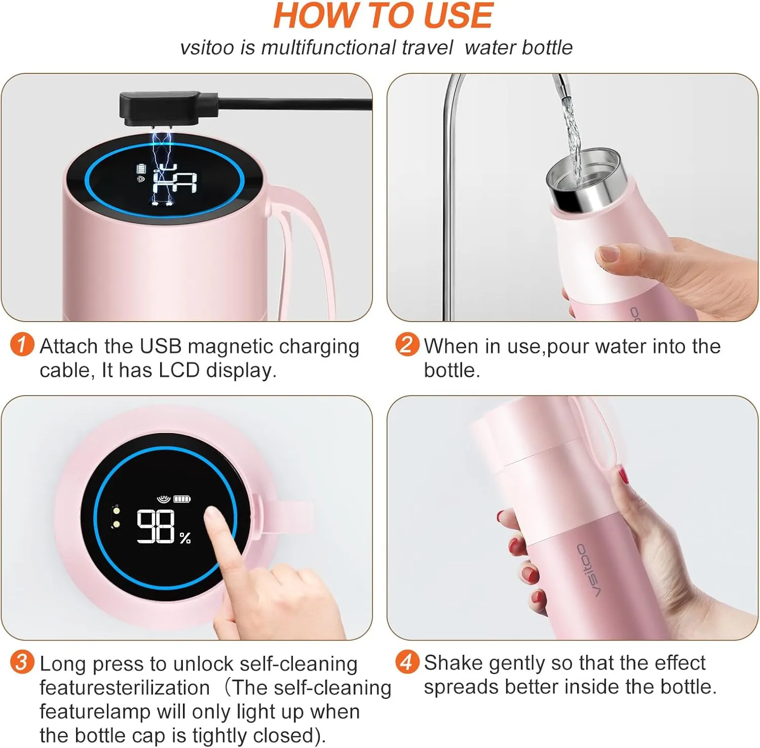 vsitoo Self-Cleaning Water Bottle, 15oz Insulated Stainless Steel BPA-Free Smart Water Bottle, Touch Screen APP Control & Auto-Cleaning, Thermal Flask for Travel, Pink
