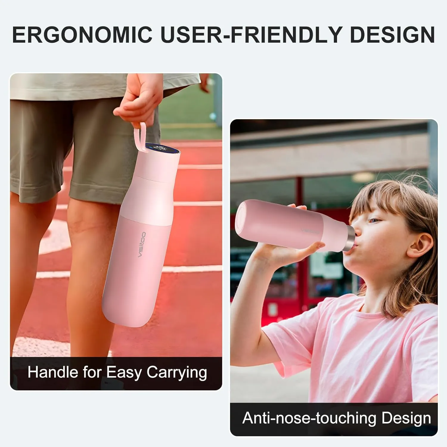 vsitoo Self-Cleaning Water Bottle, 15oz Insulated Stainless Steel BPA-Free Smart Water Bottle, Touch Screen APP Control & Auto-Cleaning, Thermal Flask for Travel, Pink