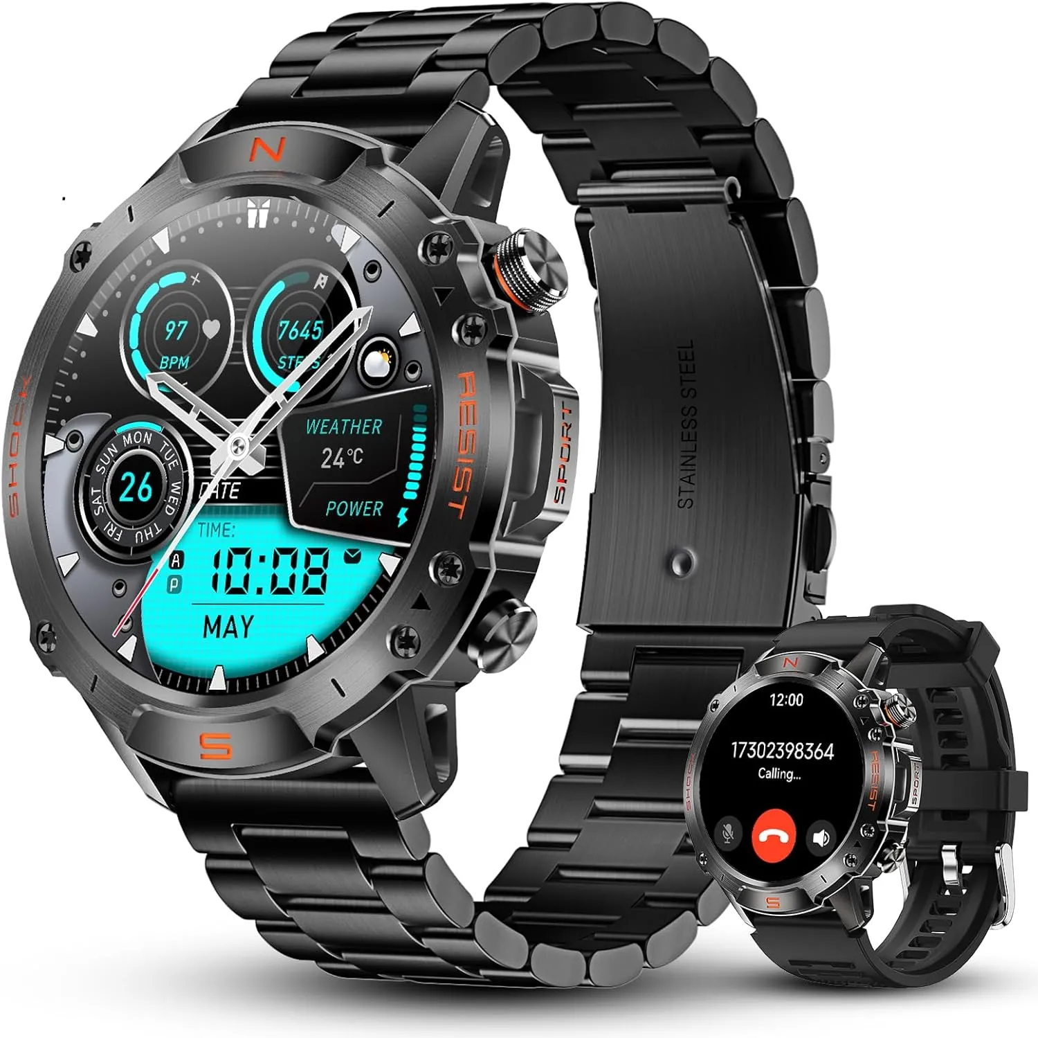 WalkerFit Military Rugged Smart Watch for Men 1.43" AMOLED Smartwatch,Alway-on,3ATM Waterproof for Swim,Accurate HR Sleep Monitor,Bluetooth Call Fitness Watch for iPhone Andriod Compatible,Steel Band