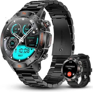 WalkerFit Military Rugged Smart Watch for Men 1.43" AMOLED Smartwatch,Alway-on,3ATM Waterproof for Swim,Accurate HR Sleep Monitor,Bluetooth Call Fitness Watch for iPhone Andriod Compatible,Steel Band