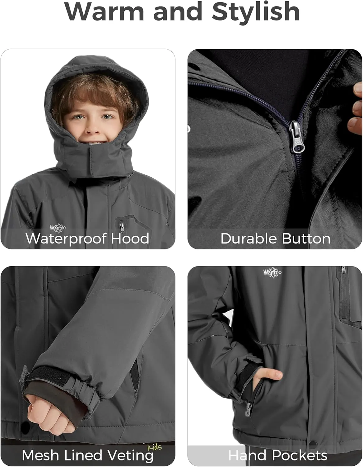 Wantdo Boy's Waterproof Ski Jacket Fleece Snowboarding Jackets Warm Thick Winter Coat Hooded Raincoats