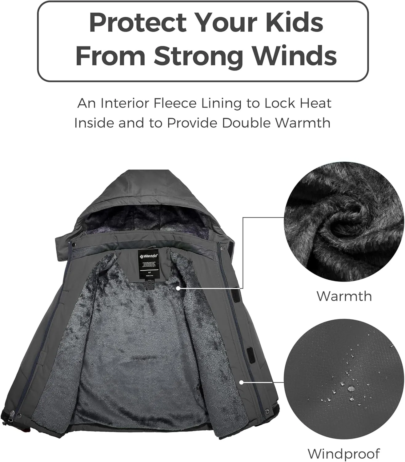Wantdo Boy's Waterproof Ski Jacket Fleece Snowboarding Jackets Warm Thick Winter Coat Hooded Raincoats