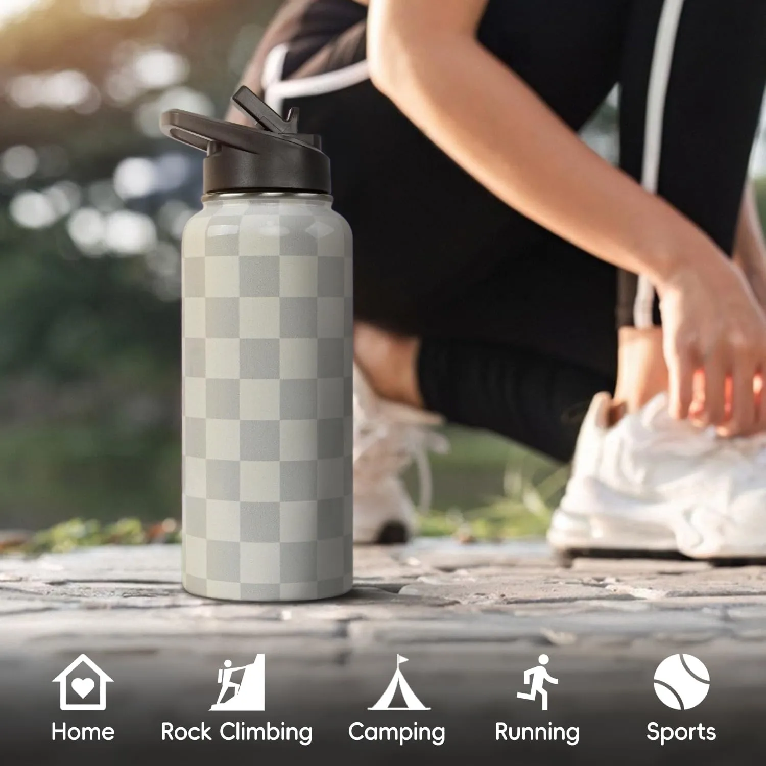 Water Bottle 32 oz Vacuum Insulated Leak Proof Stainless Steel Gym Water Jug Cup Gifts for Moms Dads Women Men Him Her Cream Checkered