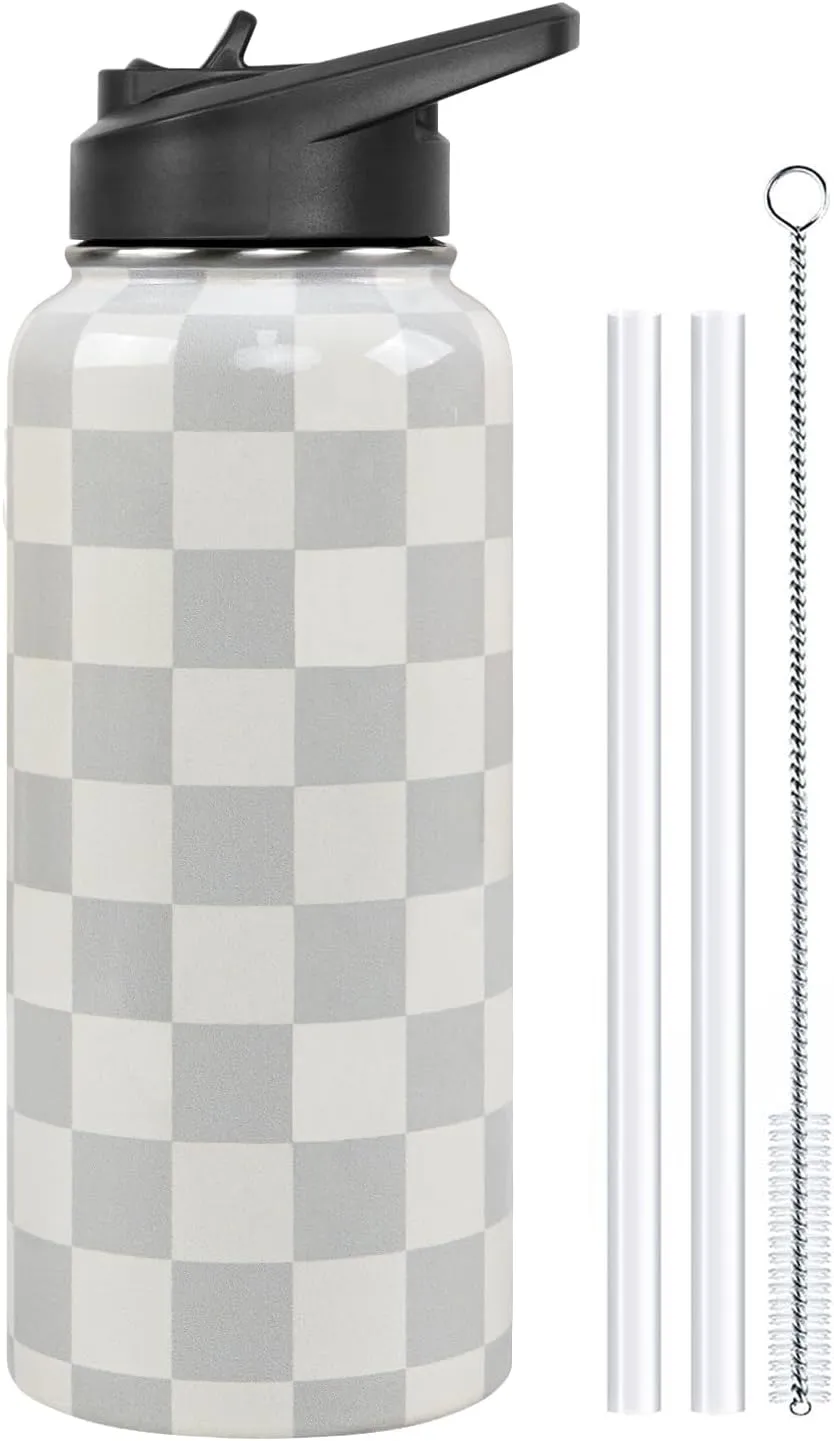 Water Bottle 32 oz Vacuum Insulated Leak Proof Stainless Steel Gym Water Jug Cup Gifts for Moms Dads Women Men Him Her Cream Checkered