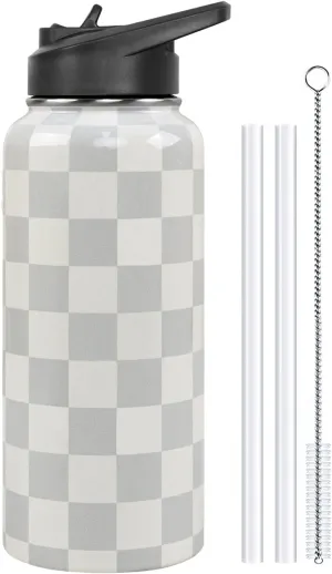Water Bottle 32 oz Vacuum Insulated Leak Proof Stainless Steel Gym Water Jug Cup Gifts for Moms Dads Women Men Him Her Cream Checkered