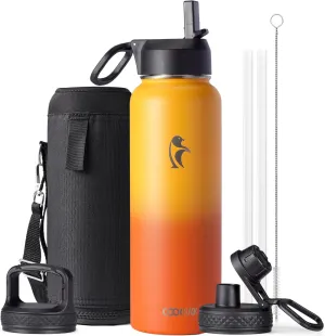 Water Bottle 40 oz Insulated with Straw&Brush, Coolflask Vaccum Stainless Steel Metal 3 Lids Water Flask for Sports, Gym or Office, Keep Cold 48H Hot 24H, Ombre Yellow/Orange