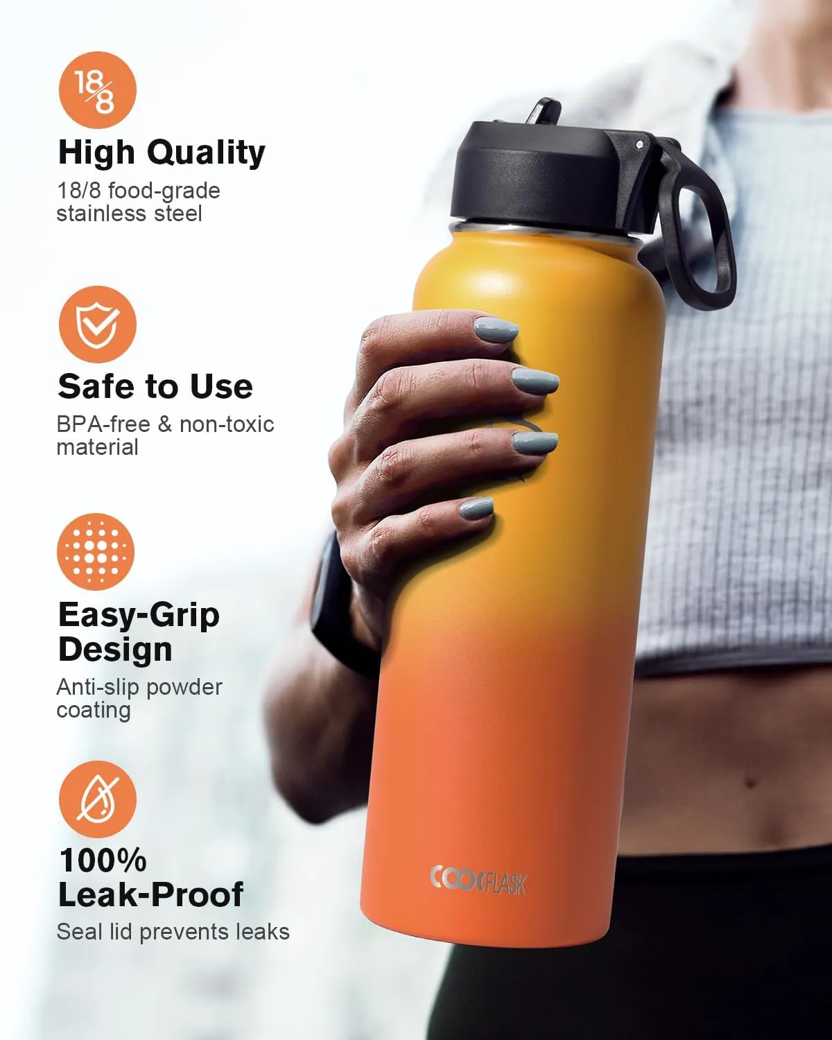 Water Bottle 40 oz Insulated with Straw&Brush, Coolflask Vaccum Stainless Steel Metal 3 Lids Water Flask for Sports, Gym or Office, Keep Cold 48H Hot 24H, Ombre Yellow/Orange