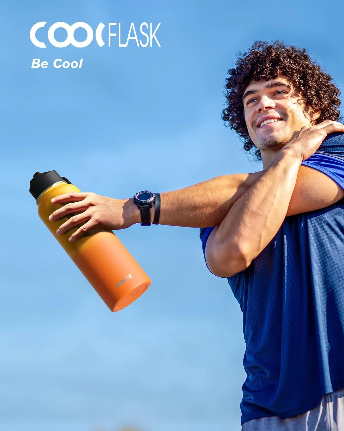 Water Bottle 40 oz Insulated with Straw&Brush, Coolflask Vaccum Stainless Steel Metal 3 Lids Water Flask for Sports, Gym or Office, Keep Cold 48H Hot 24H, Ombre Yellow/Orange