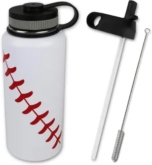 Water Bottle Baseball STRAW LID Tumbler 32 oz Gift for Mom Men Flask Sports Travel Waterbottle, Stainless Steel, Vacuum Insulated, Water Cold for 24, Hot for 12 hours (Baseball Straw Lid)