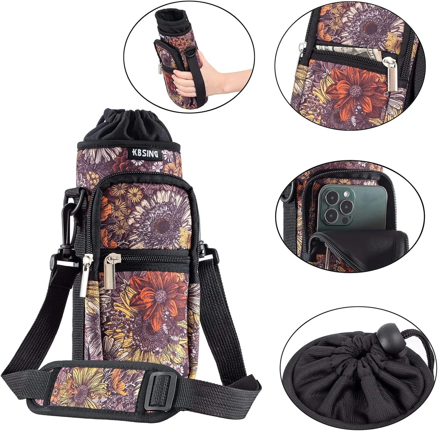 Water Bottle Carrier Holder Sling Bag Sleeve 25oz 32oz Crossbody Water Bottle Case Cover with Strap Pockets for Men/Women Walking Hiking Camping (25 oz, BS25-04)