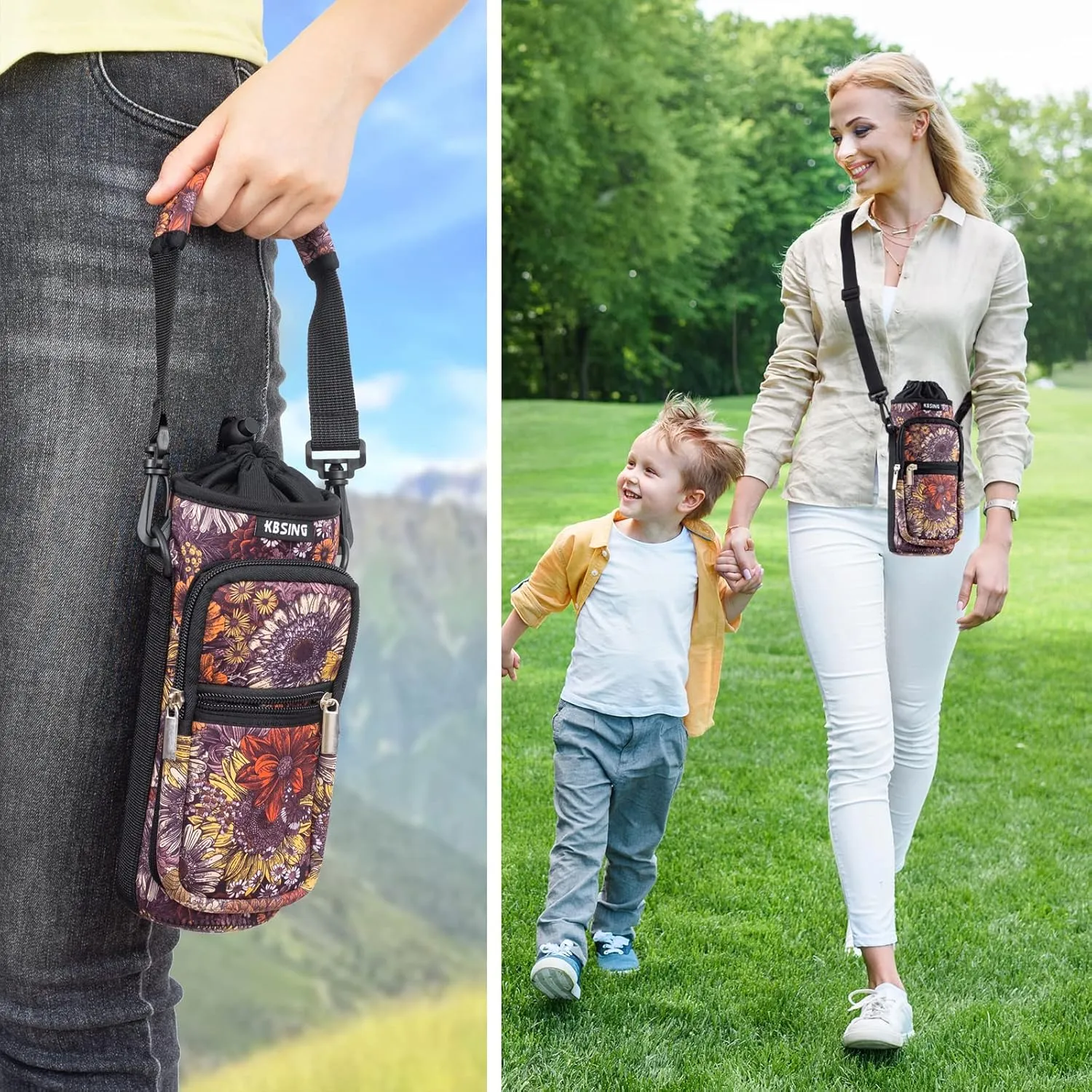 Water Bottle Carrier Holder Sling Bag Sleeve 25oz 32oz Crossbody Water Bottle Case Cover with Strap Pockets for Men/Women Walking Hiking Camping (25 oz, BS25-04)