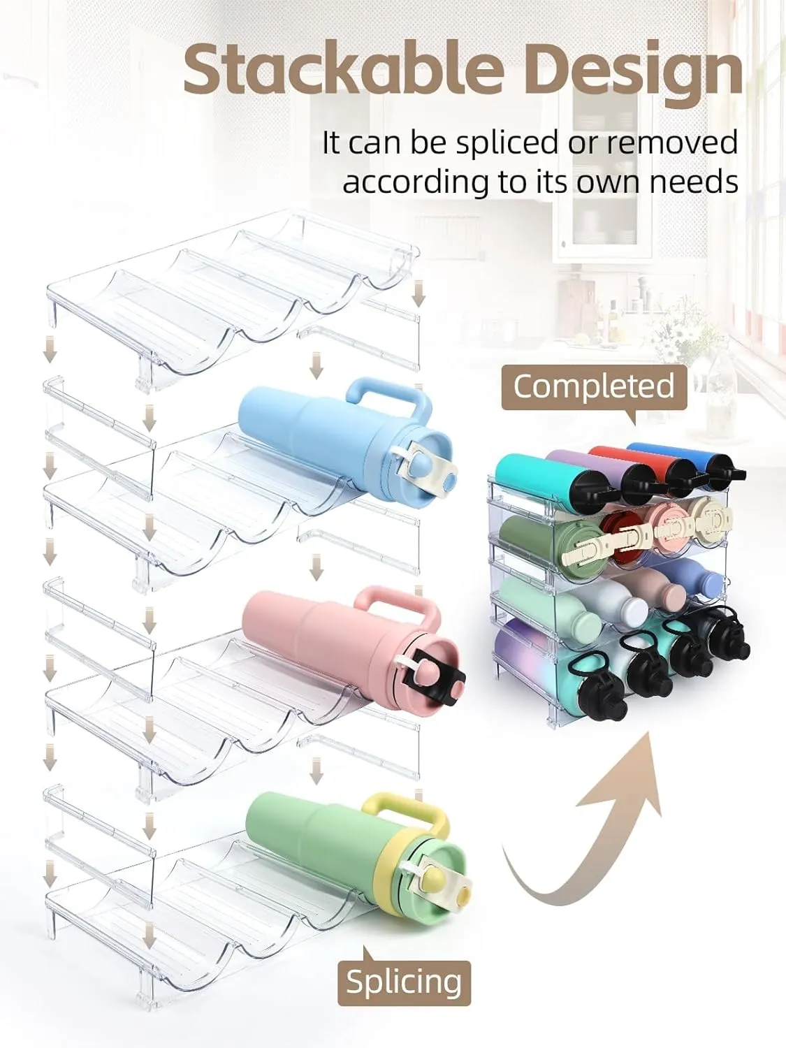 Water Bottle Organizer - 4 Pack Clear Stackable Bottle Storage Rack and Wine Rack for Stanley Yeti Bottle and Other Tumbler Organizer for Kitchen Cabinets, 4 Tier Hold 16