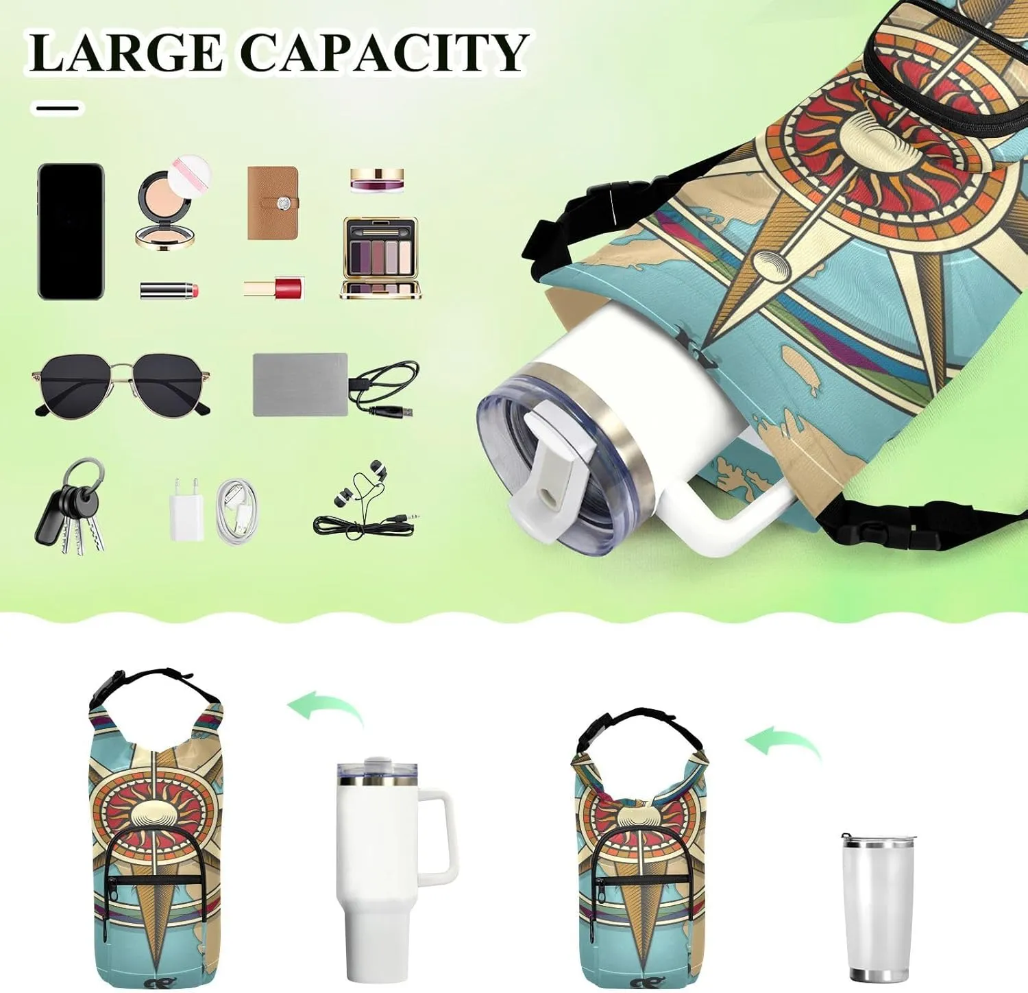 Water Bottle Sling Sleeve Bag, Bottle Carrier Holder Case Cover with Removable Strap Travel Cup Mug Storage with Pockets Grasses Classic Vintage Wind Compass Rose on Map
