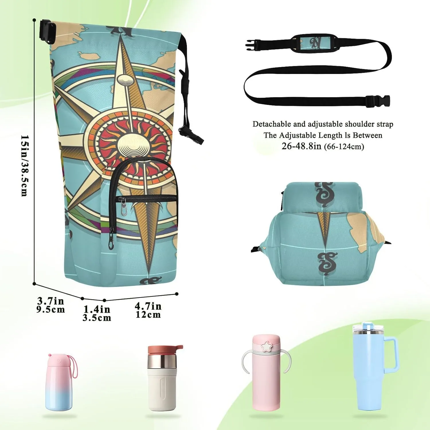 Water Bottle Sling Sleeve Bag, Bottle Carrier Holder Case Cover with Removable Strap Travel Cup Mug Storage with Pockets Grasses Classic Vintage Wind Compass Rose on Map