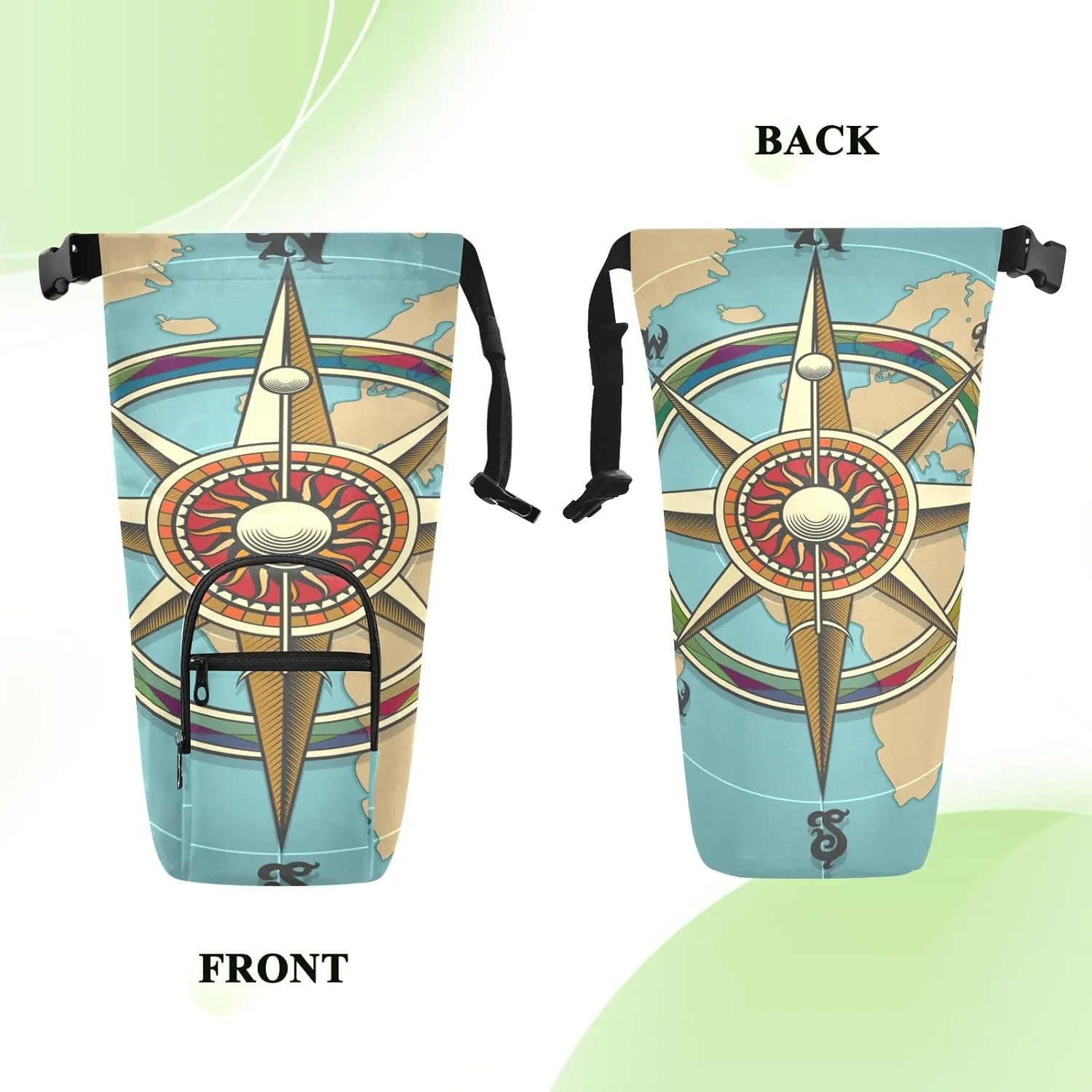 Water Bottle Sling Sleeve Bag, Bottle Carrier Holder Case Cover with Removable Strap Travel Cup Mug Storage with Pockets Grasses Classic Vintage Wind Compass Rose on Map