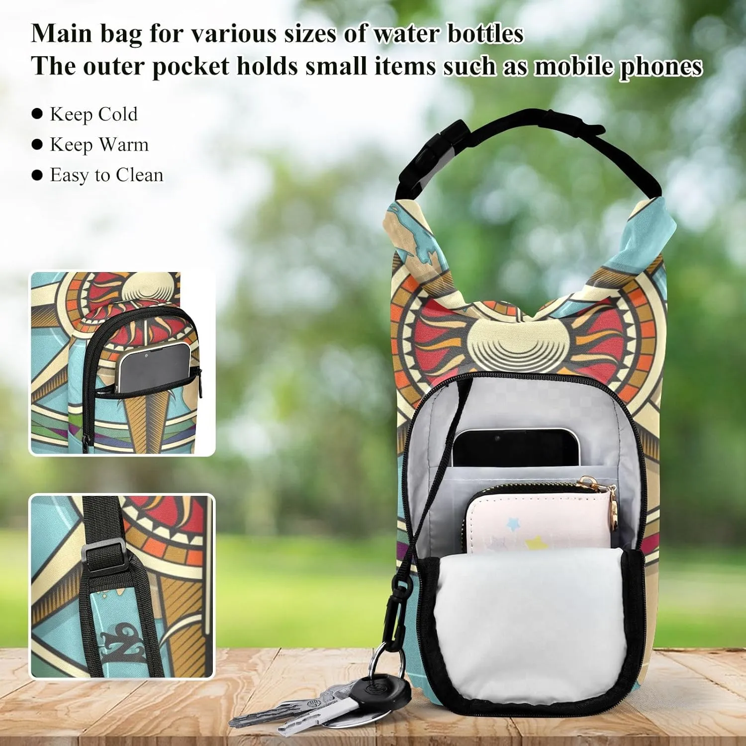 Water Bottle Sling Sleeve Bag, Bottle Carrier Holder Case Cover with Removable Strap Travel Cup Mug Storage with Pockets Grasses Classic Vintage Wind Compass Rose on Map