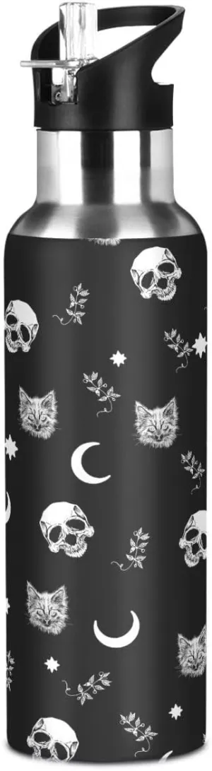 Water Bottle with Straw, Black Skull Sugar Cat Halloween Lid Thermos Kids Insulated Stainless Steel Water Flask Sports, 20 Oz Hot Cold