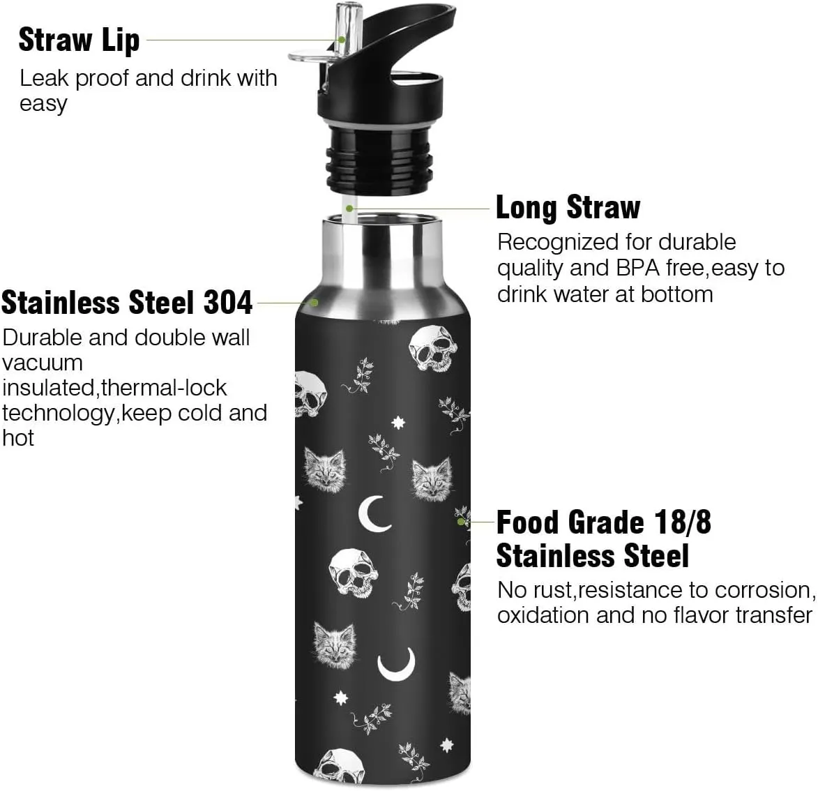 Water Bottle with Straw, Black Skull Sugar Cat Halloween Lid Thermos Kids Insulated Stainless Steel Water Flask Sports, 20 Oz Hot Cold