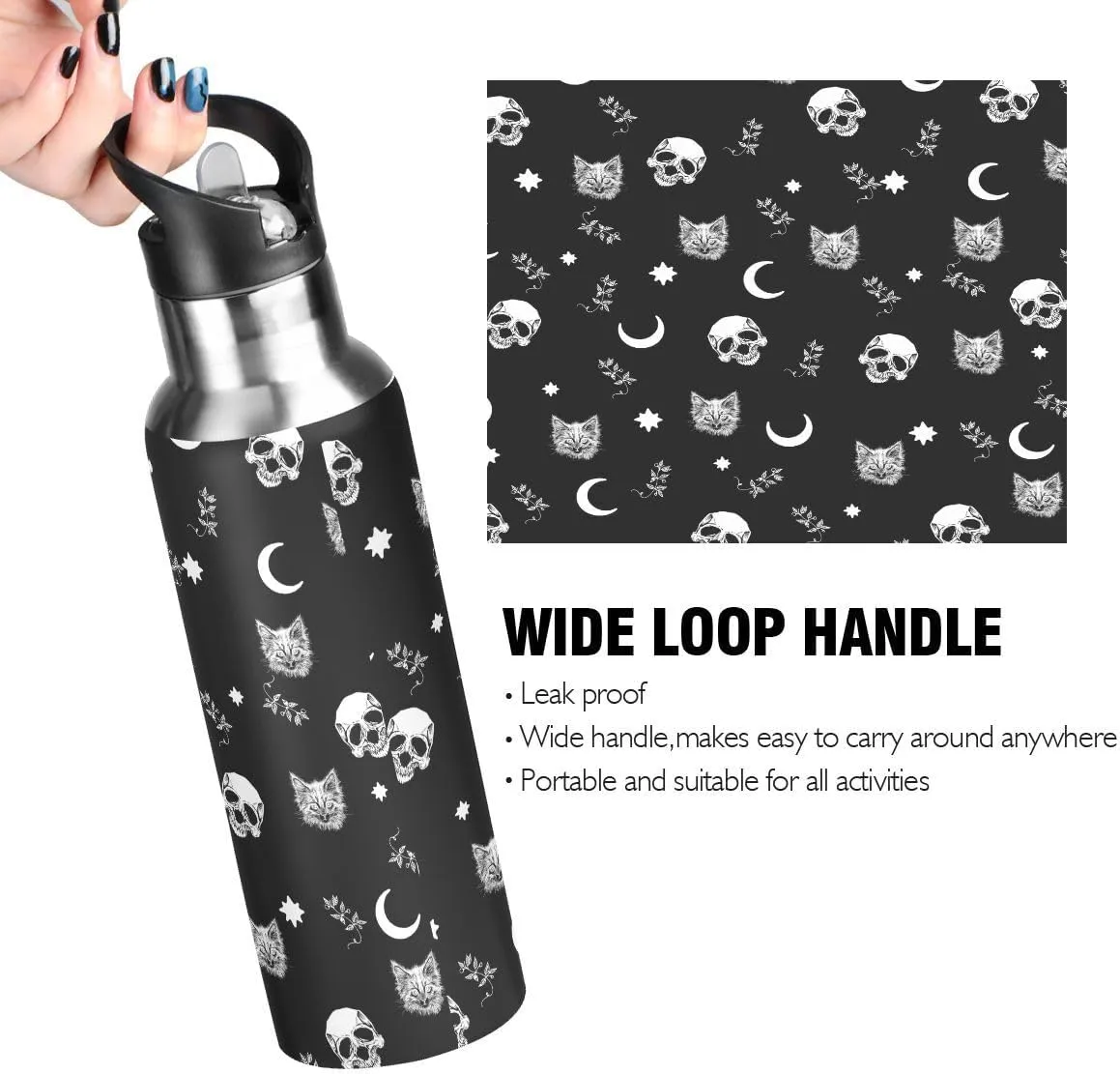 Water Bottle with Straw, Black Skull Sugar Cat Halloween Lid Thermos Kids Insulated Stainless Steel Water Flask Sports, 20 Oz Hot Cold