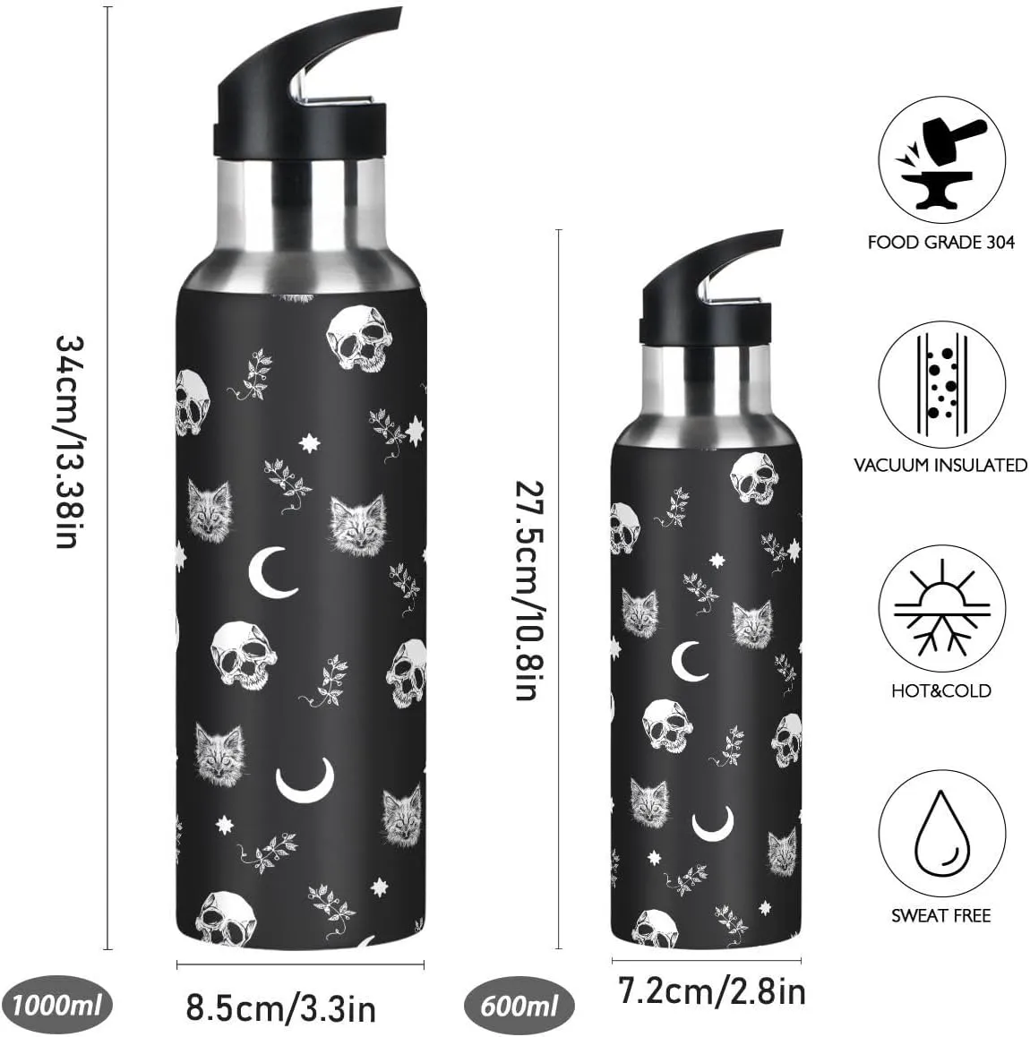 Water Bottle with Straw, Black Skull Sugar Cat Halloween Lid Thermos Kids Insulated Stainless Steel Water Flask Sports, 20 Oz Hot Cold