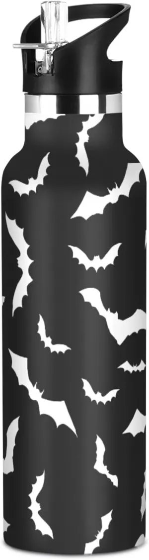 Water Bottle with Straw Lid Halloween Bat Kids Insulated Stainless Steel Water Flask Sports 20 Oz