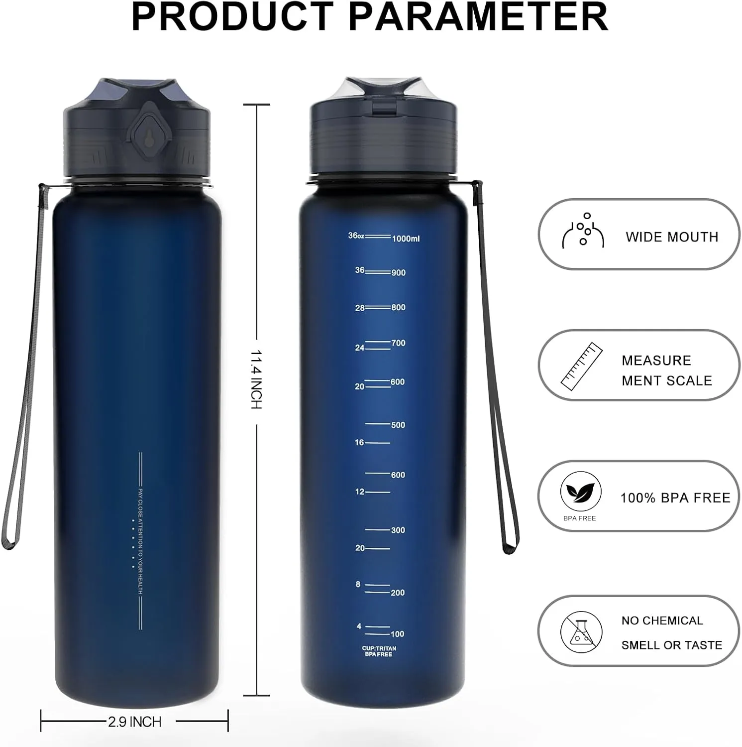 Water Bottles 1L BPA Free Sport Drinking Bottle,Leak Proof,Durable Water Bottle with Filter,Non-Toxic Canteen Bottle(Black, Pink, Grey, Light Blue, Dark Blue) (Dark blue)