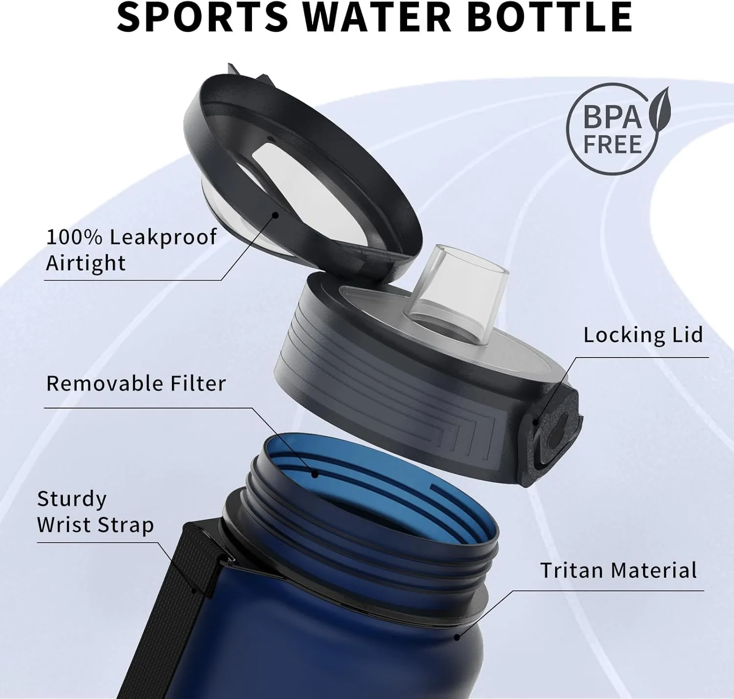 Water Bottles 1L BPA Free Sport Drinking Bottle,Leak Proof,Durable Water Bottle with Filter,Non-Toxic Canteen Bottle(Black, Pink, Grey, Light Blue, Dark Blue) (Dark blue)