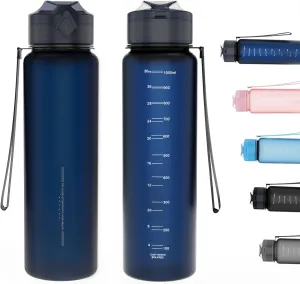 Water Bottles 1L BPA Free Sport Drinking Bottle,Leak Proof,Durable Water Bottle with Filter,Non-Toxic Canteen Bottle(Black, Pink, Grey, Light Blue, Dark Blue) (Dark blue)