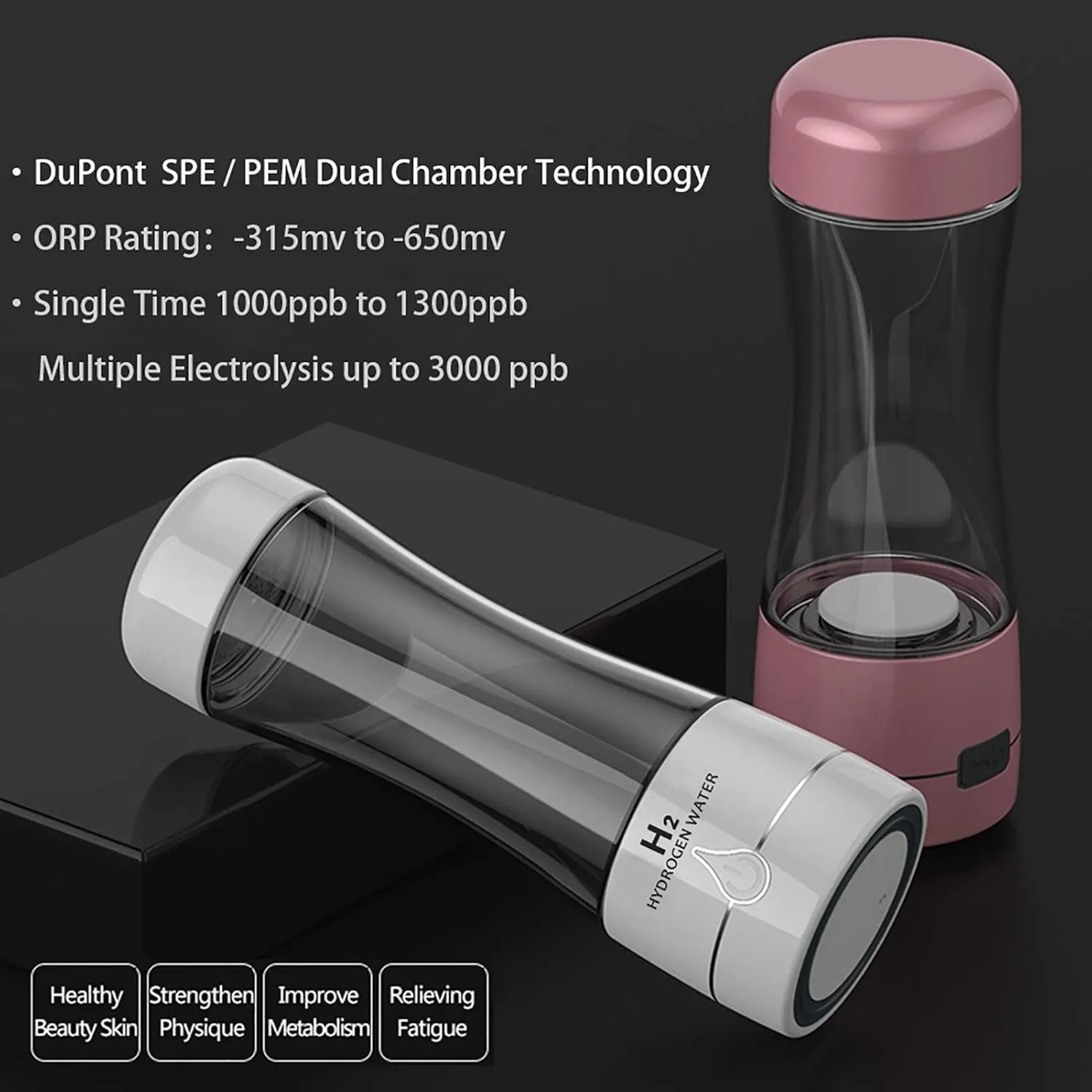 Water Purifiers, Hydrogen Rich Water Bottle Generator, Double Chamber Technology H2 Maker Max 3000Ppb, Ozone Free Glass Bottle 350 ml
