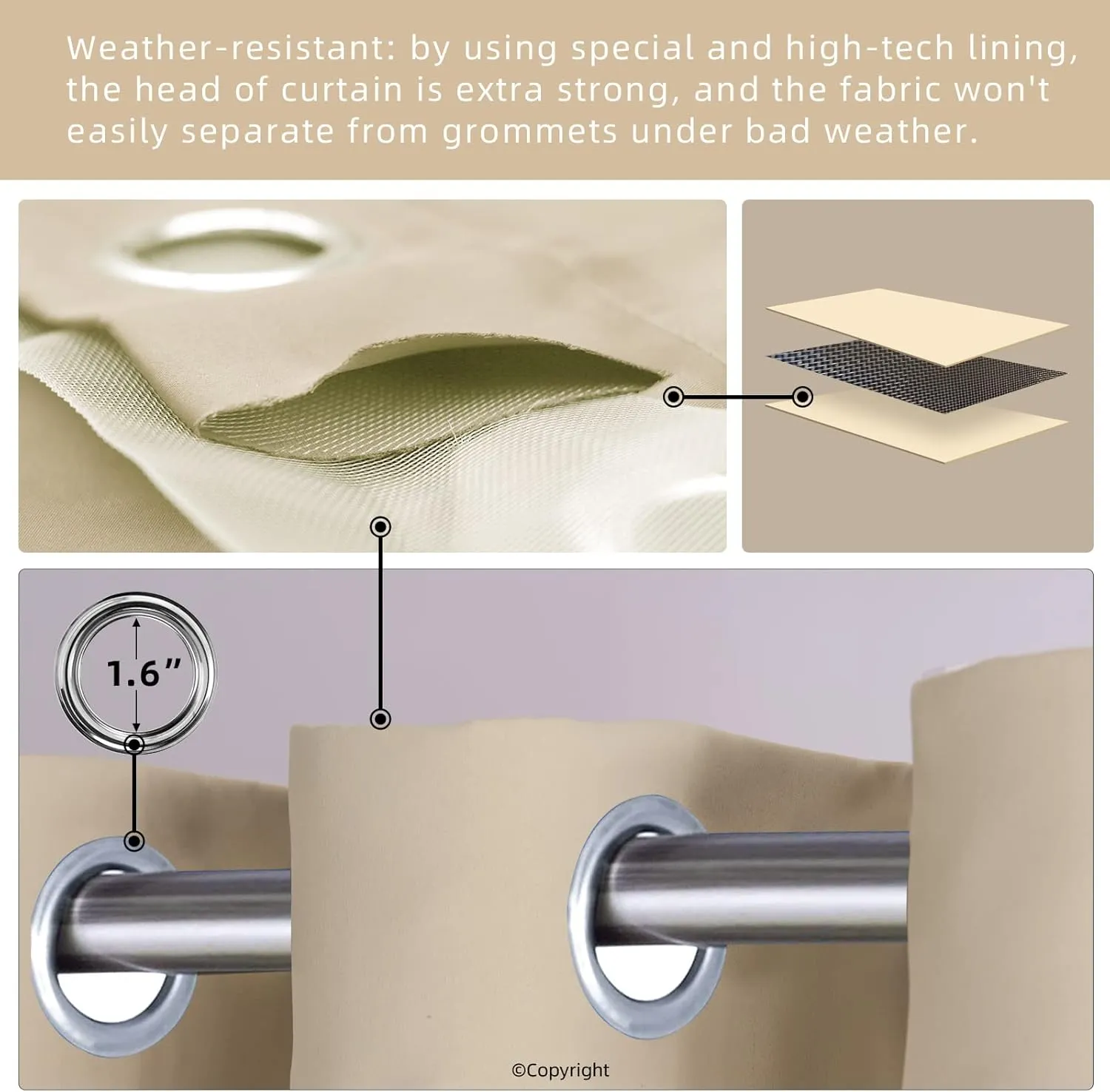 Waterproof Outdoor Curtain W52 x L84 - Grommet Top Sunlight Blocking Window Treatment Drapes Blackout Curtains for Home Bedroom Living Room Patio Porch Pergola Cabana Gazebo (Beige, 2 Panels)