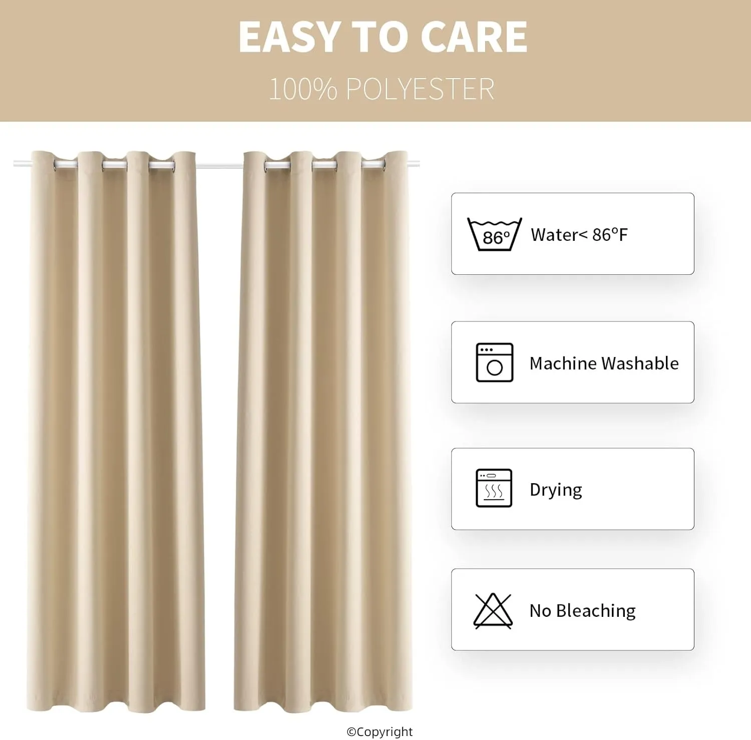 Waterproof Outdoor Curtain W52 x L84 - Grommet Top Sunlight Blocking Window Treatment Drapes Blackout Curtains for Home Bedroom Living Room Patio Porch Pergola Cabana Gazebo (Beige, 2 Panels)